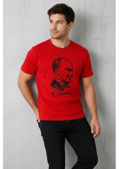 Efnaz Style Erkek Atatürk Baskılı Tişört Kısa Kollu Bisiklet Yaka T-shirt - Kırmızı Kirmizi