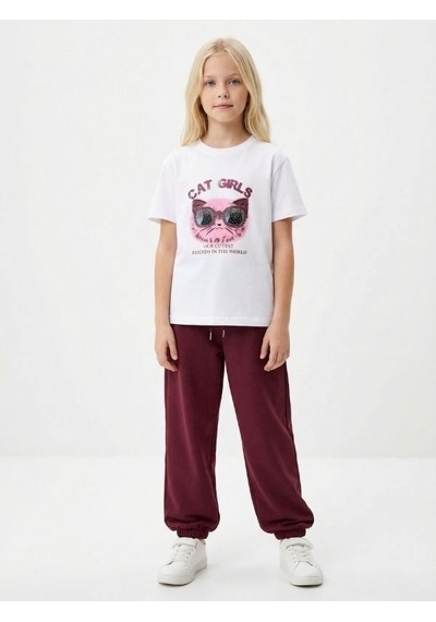 Zekids Kız Çocuk Cat Girls Baskılı T-shirt-17186 Ekru