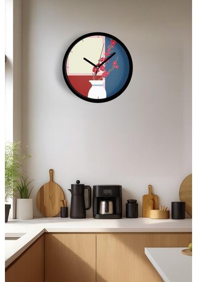 Soyut - Bohem - Çiçek Temalı Modern Duvar Saati - 30cm - Önü Camlı Siyah Kasa - Sessiz Mekanizma-jh0484 Siyah