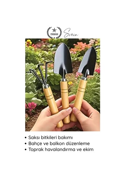 Tırmık 3 Lü Mini Ahşap Bahçe Seti Taşınabilir Tırmık Kürek Hobi Bitki Bakım Aletleri Kazma Kürek Sa