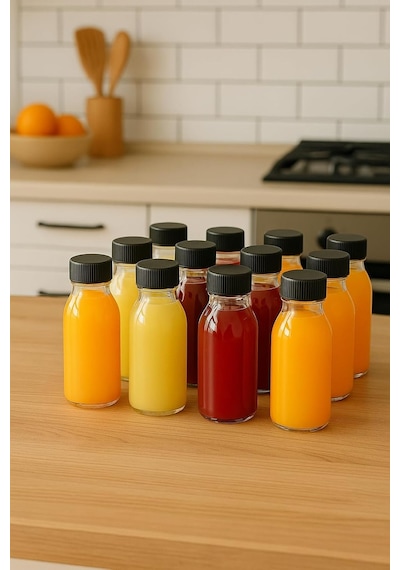 Ayrex 12 Adet 100 Ml Kilitli Siyah Kapaklı Şeffaf Detox Shot Şişesi 100 Cc Ginger Şat Beyaz Cam Şişe Diğer