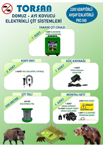 Torsan 220v Adaptörlü Pro 500 Elektrikli Çit Sistemi Domuz - Ayı Kovucu 500mt