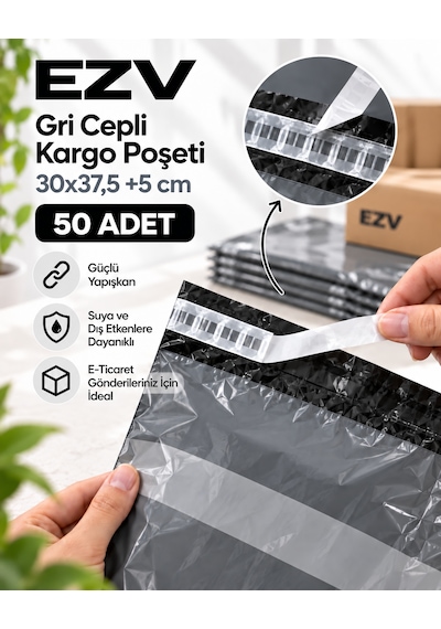 Gri Cepli Kargo Poşeti 30x37,5 +5 Cm 50 Adet