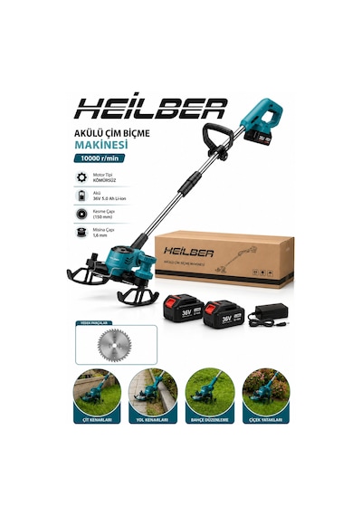 Heilber Ba011532 Akülü Çim Kesme Makinesi 36v Çift Akülü Kömürsüz Motor Misinalı Mini Tırpan Ot Kesme Makine