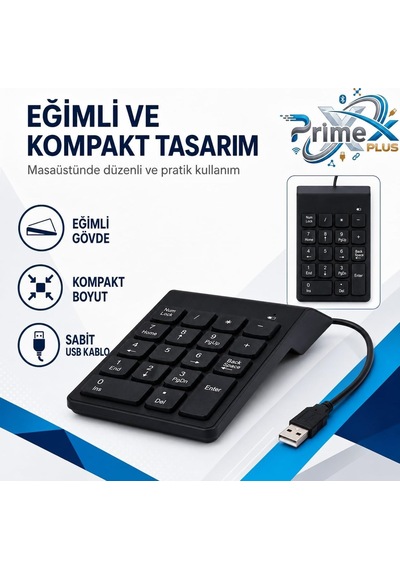 Primex Px-1864 Usb 2.0 Siyah Kablolu Numerik Klavye Keypad, Usb Sayısal Tuş Takımı, Pc Laptop Notebook İçin Kablolu Numpad, Ev Ofis Muhasebe Excel Veri Girişi Kullanımına Uygun