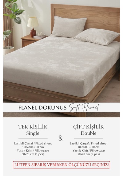 Süper Yumuşak Flanel Kadifemsi Peluş Lastikli Fitted Çarşaf Seti Kaymaz Tek/çift Kişilik Bej