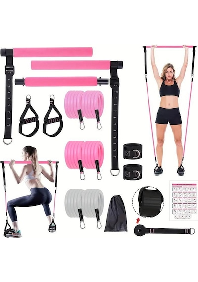 Valkyrie Full Vücut Pilates Bar Seti Egzersiz Çubuğu Ayarlanabilir Evde Onlarcak Farklı Spor Jimnastik Olanağı Kapı Askılı Çantalı Pembe