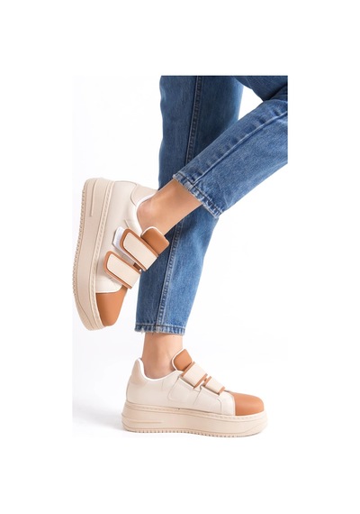 Mevese Vera Çift Cırtlı Kadın Günlük Sneaker Kalın Taban Rahat Ayakkabı - Taba Ten