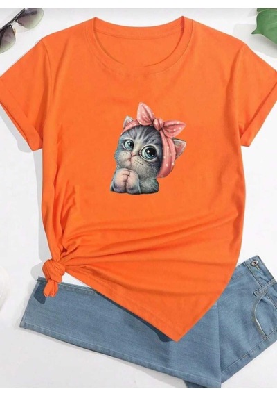 Kozia Outdoors Sevimli Kedi Baskılı Oversize Basic O Yaka Unisex T-şhirt Turuncu Turuncu