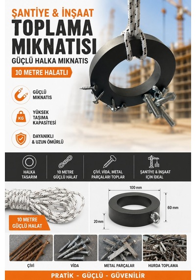 Şantiye Çivi Vida Toplama Mıknatısı 100x60x20 Mm 10 Metre Halatlı Güçlü Halka Mıknatıs