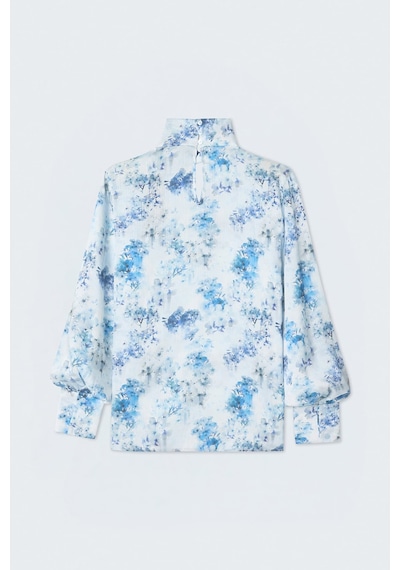 Sateen Çiçek Desenli Bluz - Mavi-137402