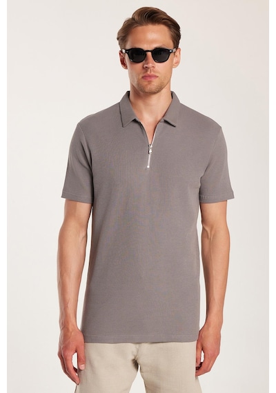 Tudors Erkek Slim Fit Dar Kesim %100 Pamuk Fermuarlı Gri Polo Yaka Tişört-33940 Gri