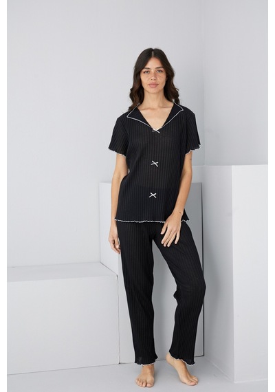 Siyah İnci Mevsimlik İnce Fiyonklu Pijama Takım7879 Siyah