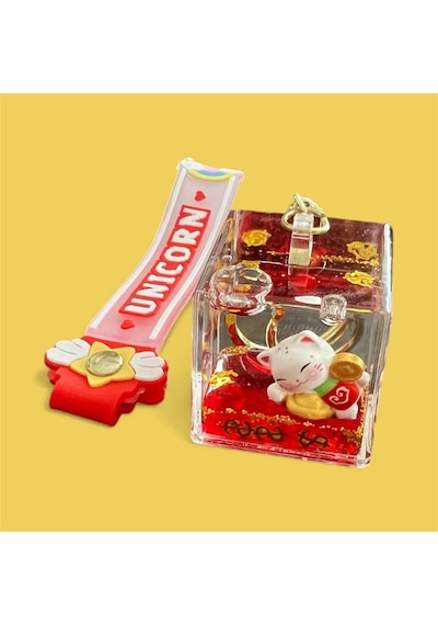 Feng Shui Şans Ve Bereket Kedisi Figürlü Sulu Anahtarlık / Çanta Süsü Patili Kedi Model 2 Maneki Neko