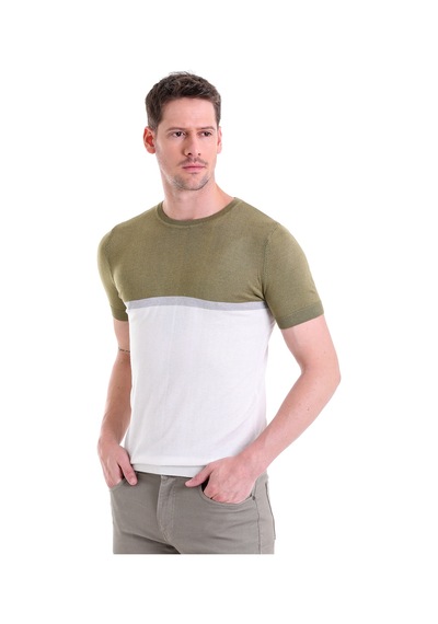 Hatemoğlu Olive Slim Fit Desenli Bisiklet Yaka Tişört Beyaz - Haki