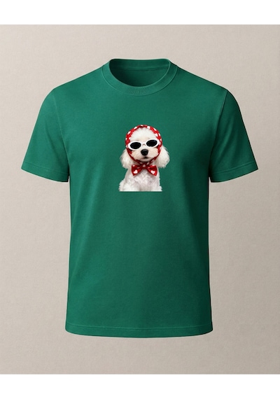 Başrötülü Beyaz Köpke Baskılı T-shirt Yeşil