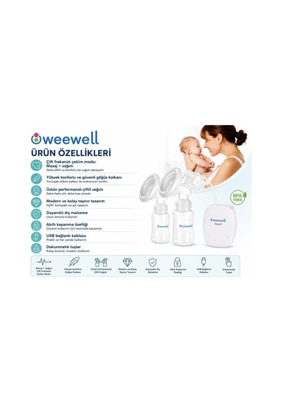 Tr Weewell Elektrikli Çiftli Göğüs Pompası Touch & Sense Teknolojisi 9 Emiş Seviyesi Bpa İçermez Sessiz Usb
