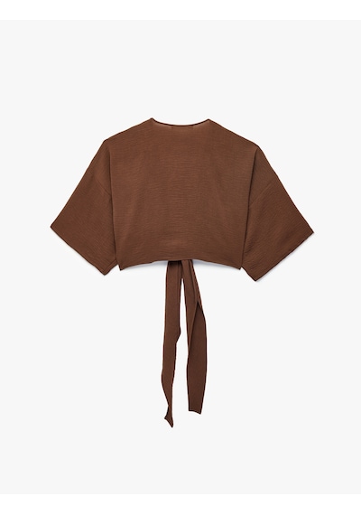 Koton Kısa Kollu Kruvaze Yaka Bağlamalı Crop Oversize Kimono Kahverengi 6sal50004ıw Kahve