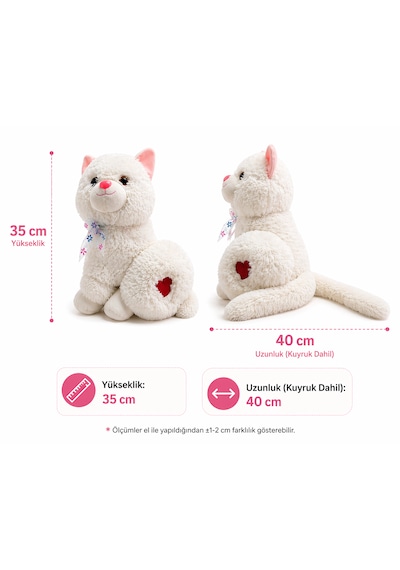 Sevimli Peluş Kedi 35 Cm Yumuşak Oyuncak 40 Cm Kuyruk Dahil Uzunluk, Kalp Detaylı Beyaz
