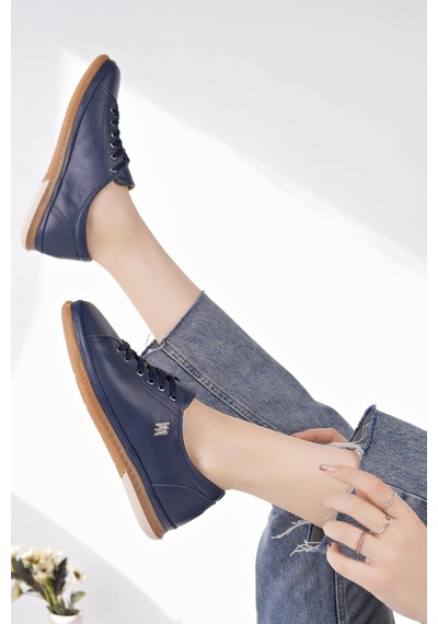 Nesilshoes Modessa 160 Laci Bağcıklı Hakiki Soft Deri Kadın Ayakkabı Lacivert
