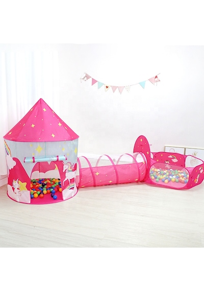 Unicorn Çocuk Oyun Çadırı, 3'ü Bir Arada, Top Havuzu, Oyun Çadırı, Oyun Tüneli - Top Havuzlu Çadır Açık Pembe