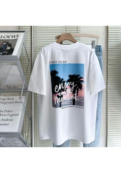 Flood Of Style Erkek Beyaz Enjoy Every Moment Baskılı Oversize Bisiklet Yaka Tshirt