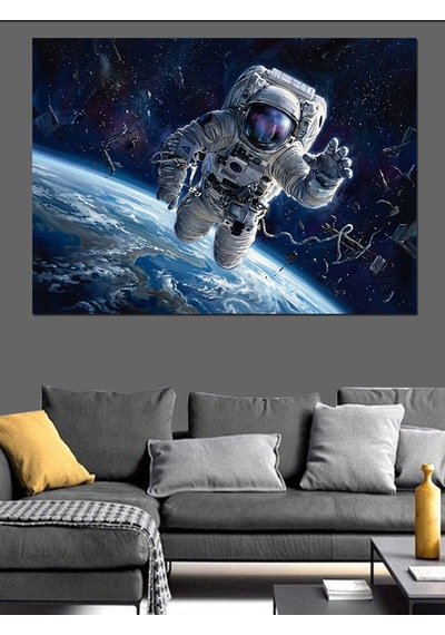 Uzay Boşluğunda Astronot Ve Dünya Dekoratif Kanvas - Mdf Ahşap Tablo
