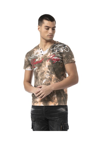 Cipo & Baxx Erkek Regular Fit Kahverengi Batik Baskılı Düğmeli V Yaka Kısa Kollu Tişört Ct804