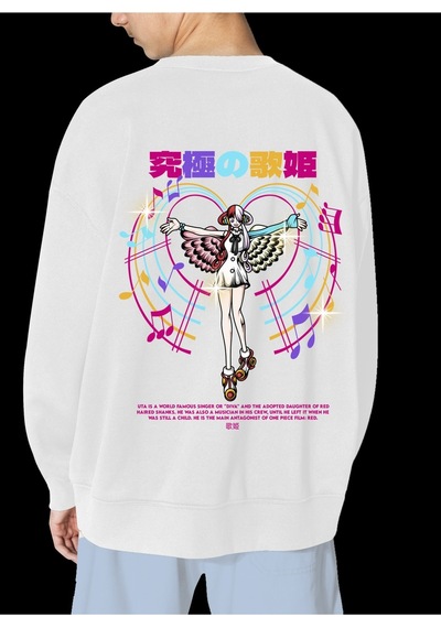 Unisex Beyaz Uta Baskılı Hoodie Oversize Kapşonsuz Sweatshirt Beyaz