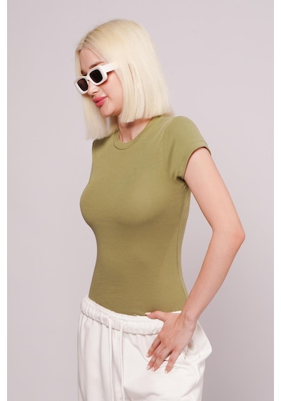Açık Yeşil Bisiklet Yaka Basic Kadın T-shirt Mg2479 Yeşil