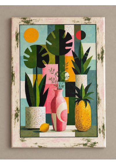 Ahşap Eskitme Çerçeve Desenli Tropikal Geometri Temalı Dekoratif Ahşap Tablo 52x72 Cm