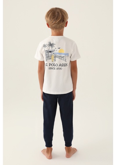 U.S. Polo Assn. Lisanslı Palm Tree Krem Erkek Çocuk Pijama Takımı 5274-43181 Krem