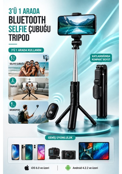 Concord 3'ü 1 Arada Bluetooth Selfie Çubuğu Tripod Kumandalı Telefon Tutucu Monopod 360 Döner Siyah