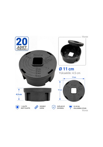 Vorex 20 Adet 11 Cm Tabanlı Yuvarlak Kamera Buatı Geçmeli Kapaklı 56-70-84-101 Mm Ip Dome