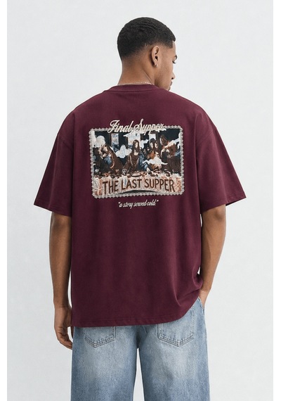 Respire Erkek Final Supper Nakışlı Oversize T-shirt Bordo