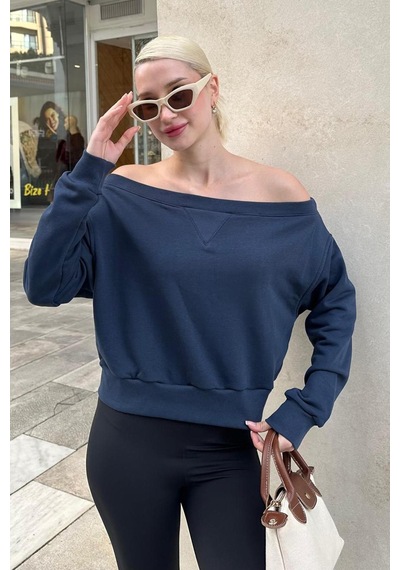 Madmext Lacivert Kayık Yaka Kadın Sweatshirt Mg2239 Lacivert