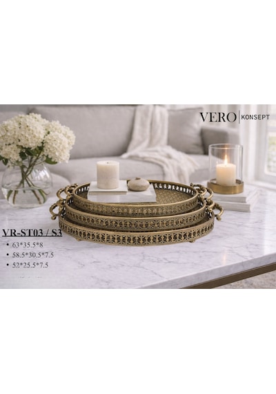 Vero Konsept Antik Gold 3 Lü Oval Ferforje Tepsi Seti Vr-st03 - Vintage Sunum Ve Dekorasyon