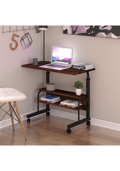 Dehalimited 80X40 Yükseklik Ayarlı Raflı Kilitli Tekerlekli Taşınabilir Lapto Ceviz