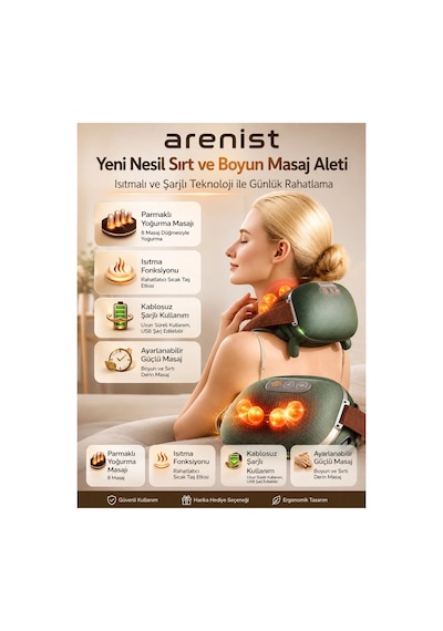 Şarjlı Parmak Hissi Masaj Cihazı Isıtmalı Boyun Sırt Omuz Bacak Kullanımı Rahat Model Yeşil
