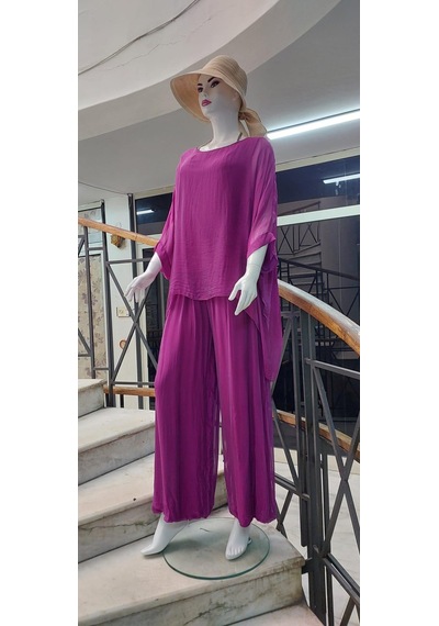 Bohem Stil İtalyan Yarasa Kol İpek Bluz & Pantolon Takım-8767 Fuşya