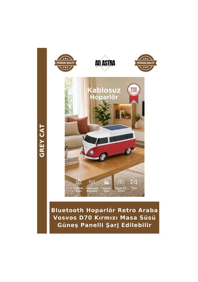 Bluetooth Hoparlör Retro Araba Vosvos D70 Kırmızı Masa Süsü Güneş Panelli Şarj Edilebilir