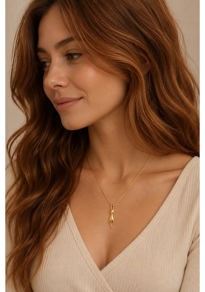 Minimal Kedi Figürlü Gold Kolye Altın