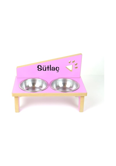 Ahşap Çelik Kâseli Özel Isim Baskılı Kedi- Küçük Irk Köpek Mama Ve Su Kabı-pembe-2 350 Ml.