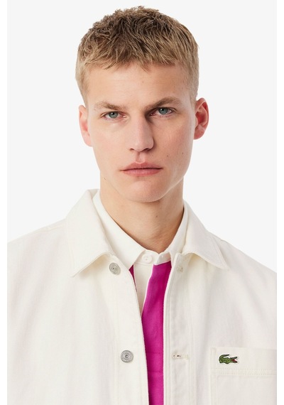 Lacoste Men's Oversized Fit Cream Shirt Bol Kesim Erkek Denim Gömlek Krem