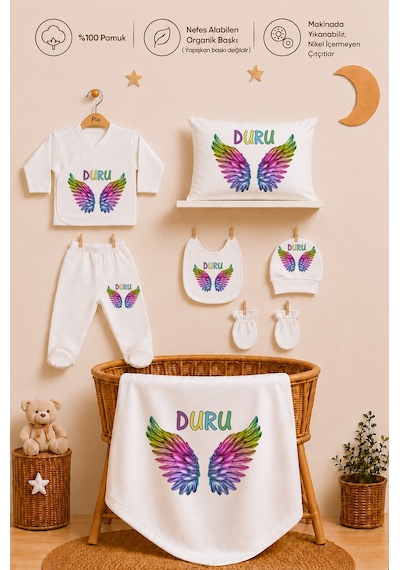 Pia Baby Kız Bebek Hastane Çıkışı 11 Parça %100 Pamuk İsimli Kişiye Özel Organik Baskılı Set 205111yx Ekru