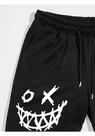 Cartoon & Slogan Graphic Drawstring Waist Eşofman Altı Siyah