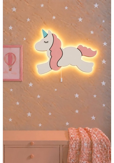 El Boyaması Ahşap Unicorn Pilli Ledli Gece Lambası Bebek Çocuk Odası Pembe
