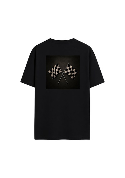 Black Nova Oversize Baskılı Unisex Tişört Race Flags Black Siyah