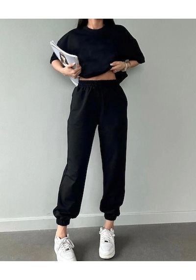 Hırsch Kadın Oversize Düz Siyah Eşofman T-shirt Takım Siyah