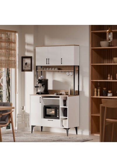 MEZZA 5260 COFFEMATE Kahve Köşesi 105 cm Çok Amaçlı Dolap Kiler Mutfak Dolabı Sepet Beyaz